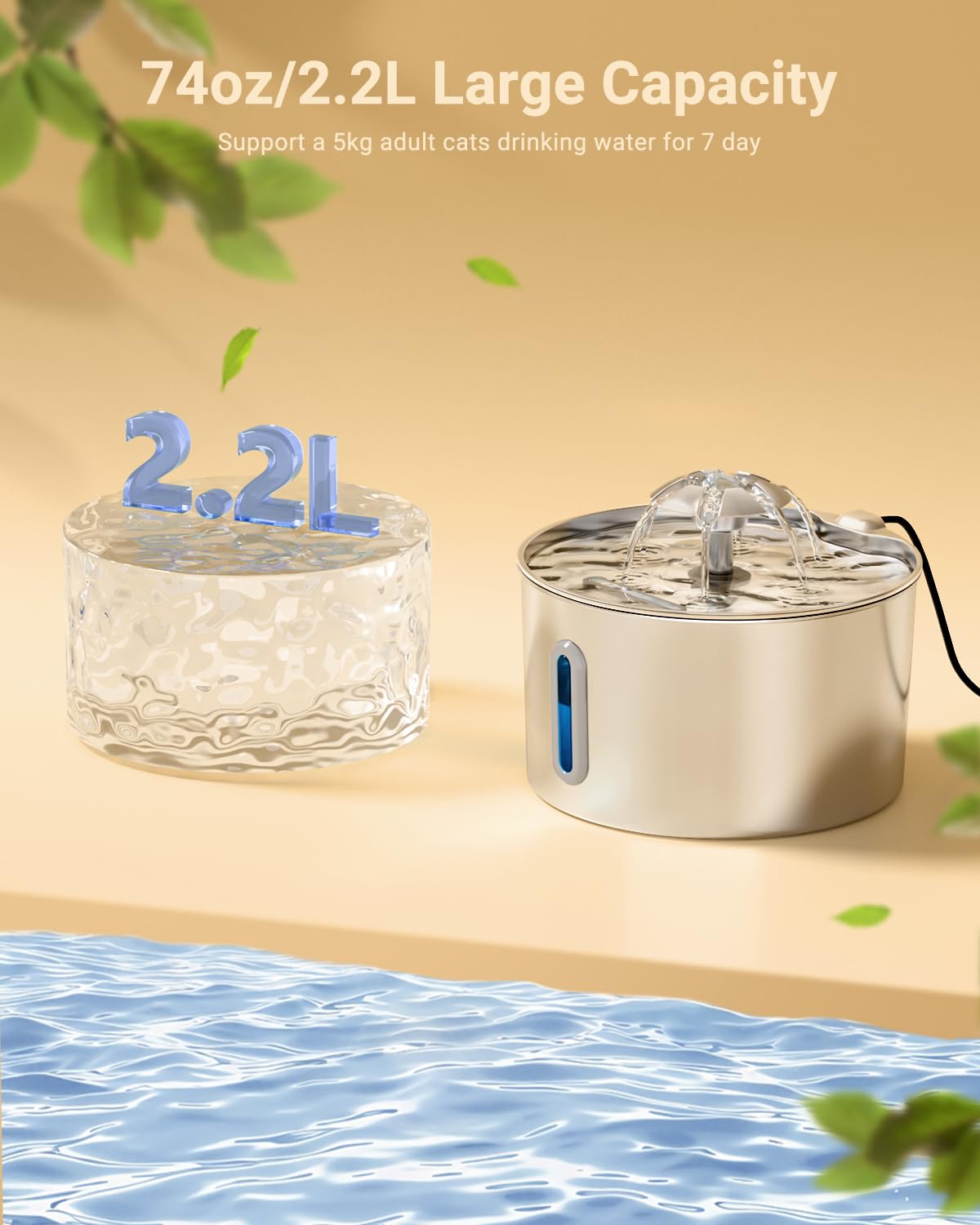 Cat Water Fountain Stainless Steel - 74oz/2.2L Pet Dog Water Dispenser Automatic Silent Cats Dispenser for Drinking Indoor Metal