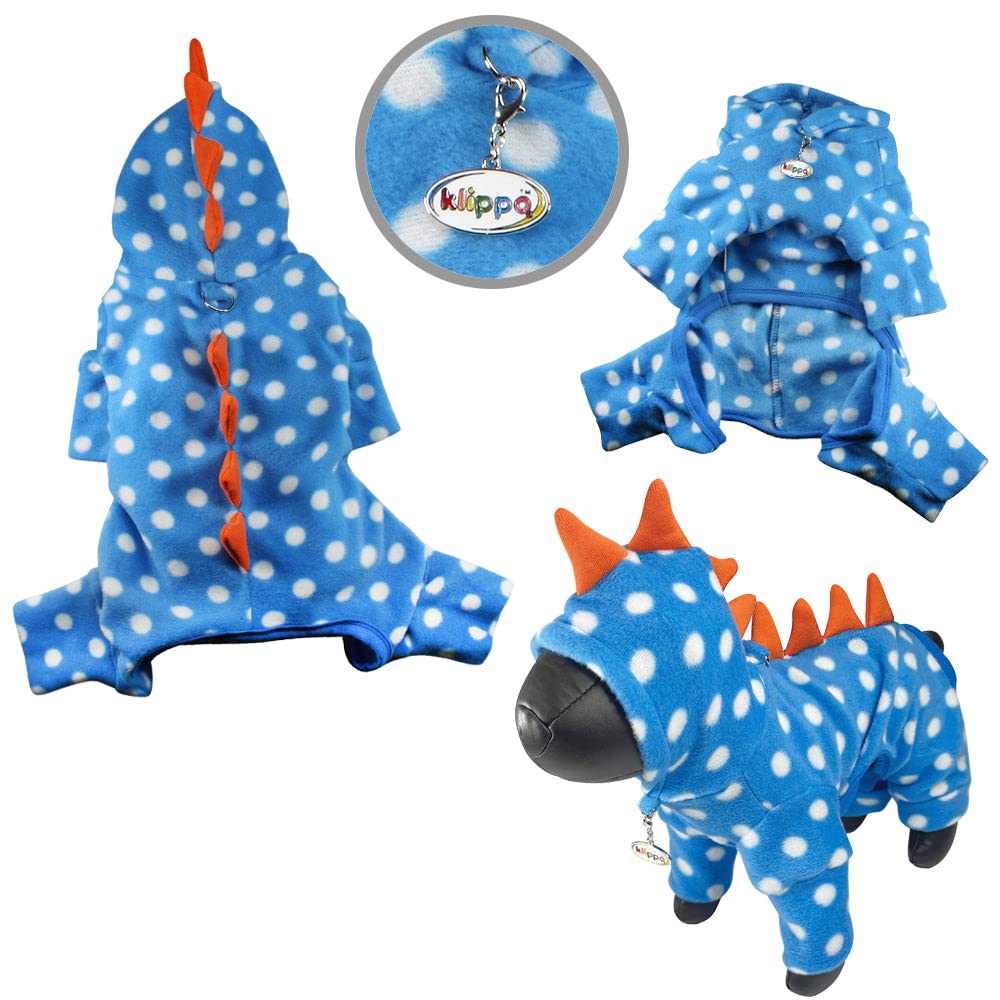 Klippo Dog/Puppy Polka Dots Dino Fleece Hooded Bodysuit/Pajamas/Loungewear/Coverall/Jumper/Romper For Small Breeds (Xs)