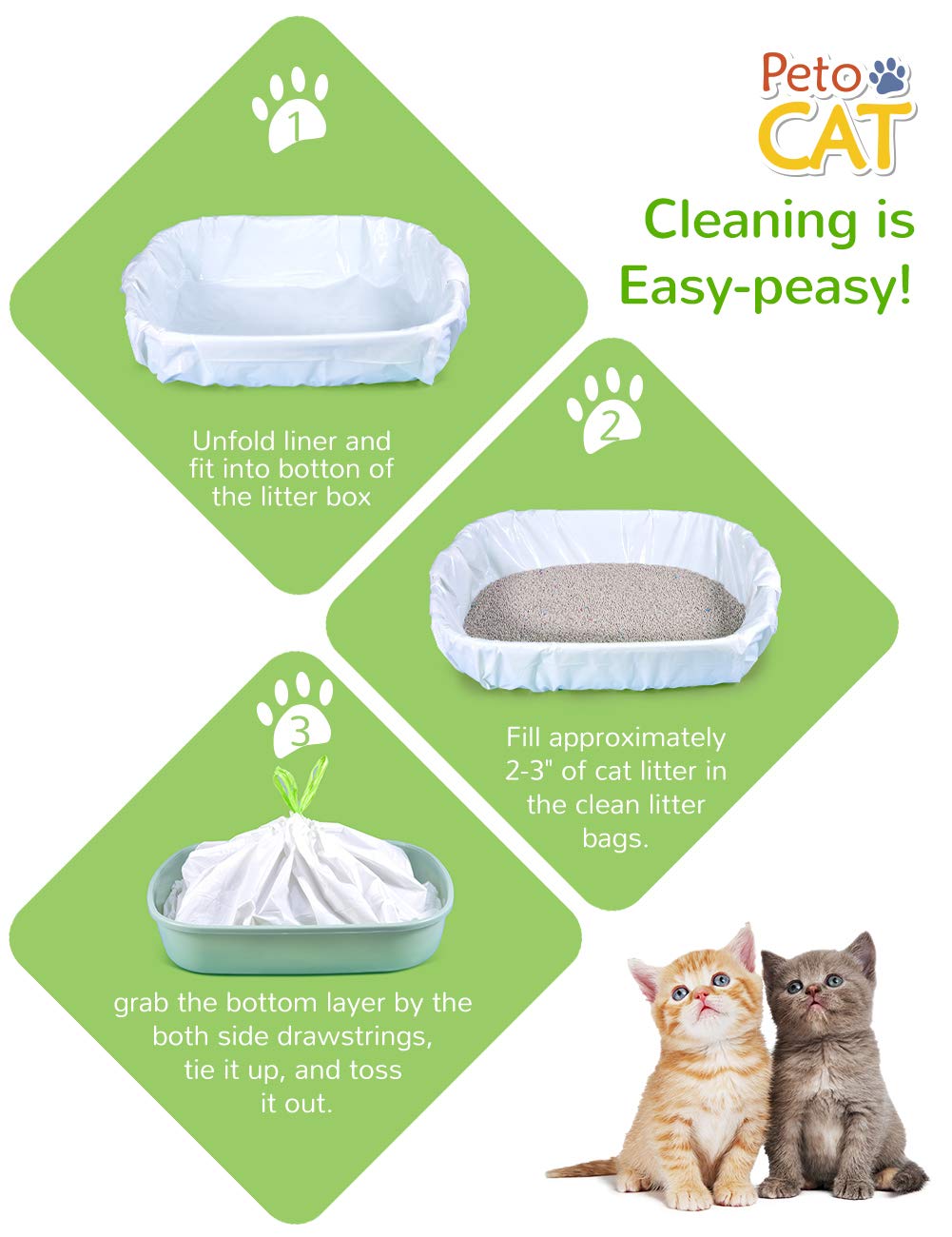 PETOCAT Jumbo Cat Litter Box Liners, 34 Count, Eco-Friendly Plastic, Drawstring, 36" x 19", White