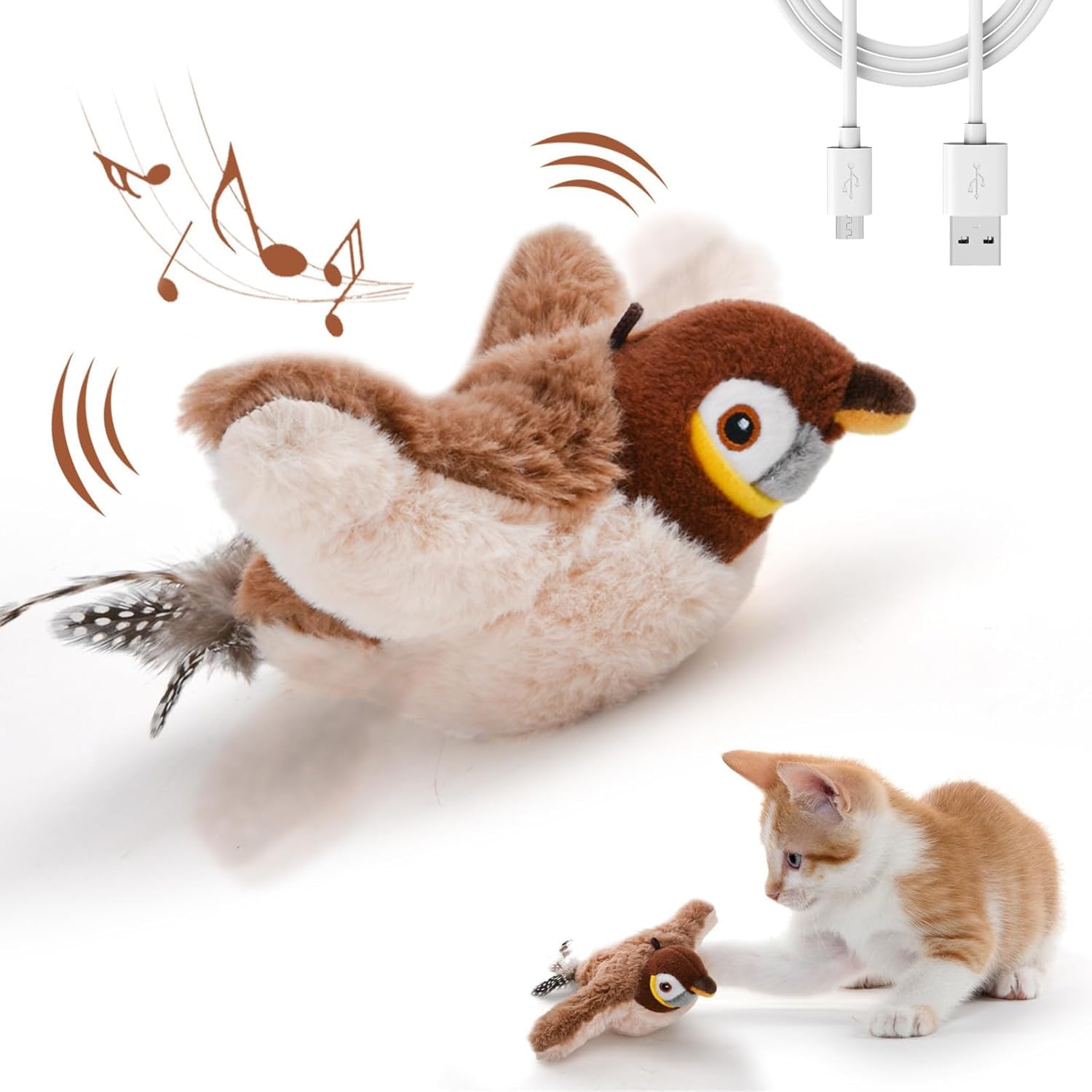 Romilas Interactive Cat Toys, Rechargeable Chirping Flapping Bird(No Flying) With Catnip For Indoor Cats, Touch Activated, Plush