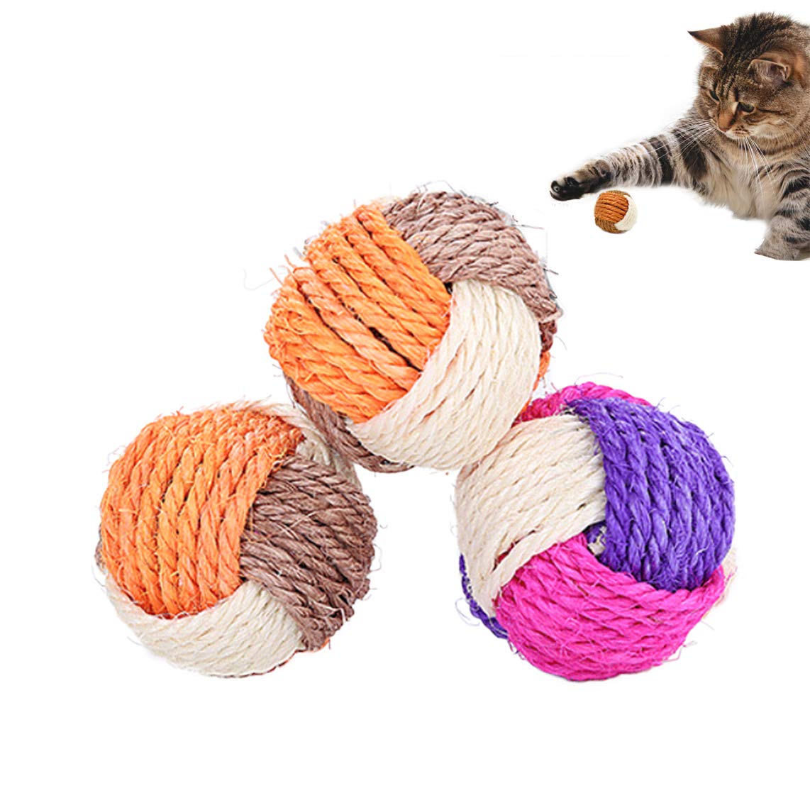 Suntrade 3Pcs Cat Toy Sisal Ball Pet Scratching Ball Chew Eco-Friendly Toy Pets Interactive Toy Bite And Wear Resistant(Random Color)
