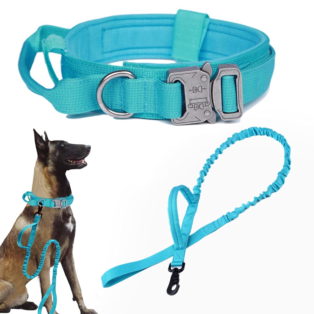 Tactical Dog Collar And Leash Set Tactical Dog Collar With Handle Bungee Leash Adjustable Military Training Nylon Collar Dog Training Collar Leash Set With Control Handleand Metal Buckle (Blue Xxl