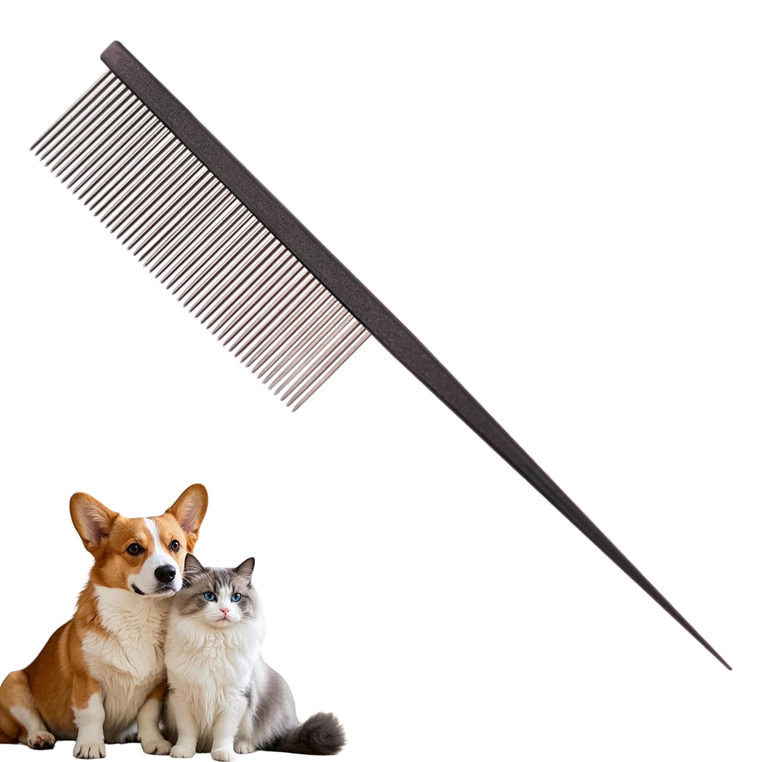 Emily Pets Cat & Dog Grooming Comb  Rat Tail Design With Rounded Ends For Safe Dematting, Hairstyling & Tangle Removal (Black)