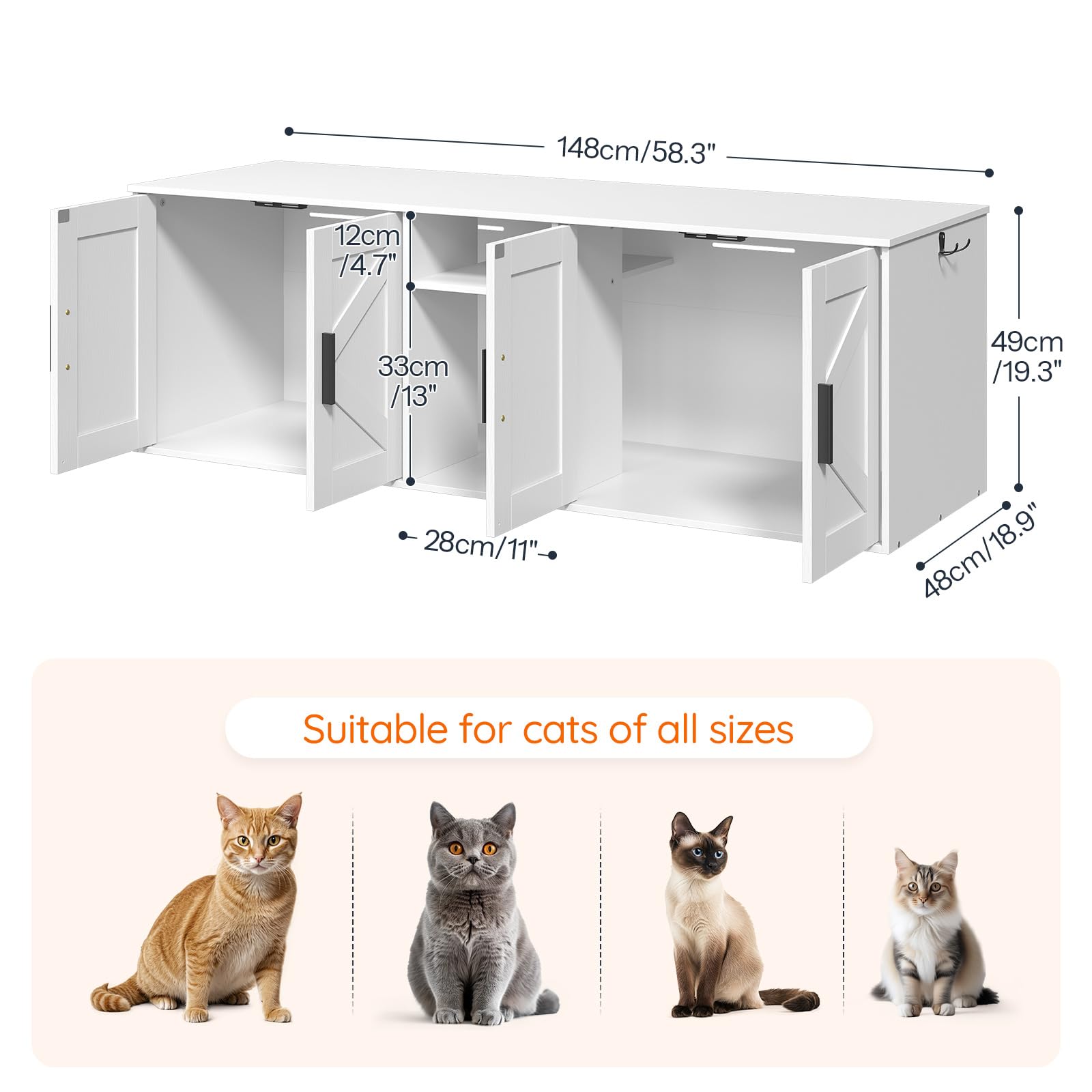 HOOBRO Cat Litter Box Enclosure, Hidden Design with Storage Layer, 58.3"L x 18.9"W x 19.3"H, White, Model WT15MW01