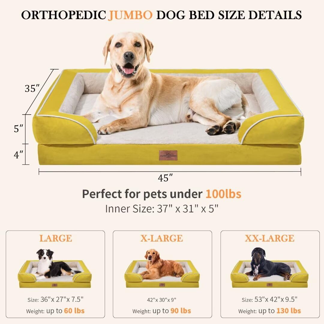 Comfort Expression Orthopedic Dog Beds, Jumbo Dog Bed For Extra Large Dogs, Waterproof Dog Bed, Pv Washable Dog Sofa Bed With Removable Cover & Non-Slip Bottom(Jumbo,Spicy Mustard)