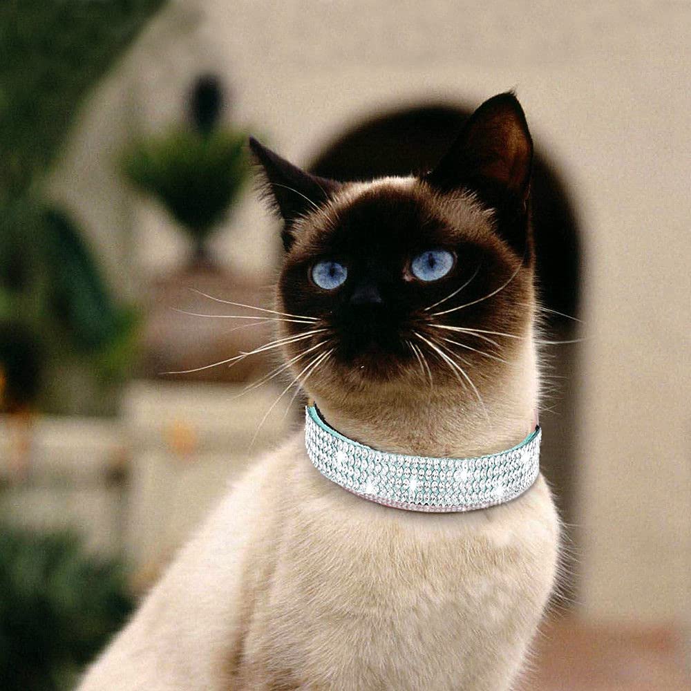 Haoyueer Rhinestones Dog Cat Collars With Bell Bling Pet Puppy Collars With Soft Velvet Crystal Collars Girl Jeweled Necklace (Blue)