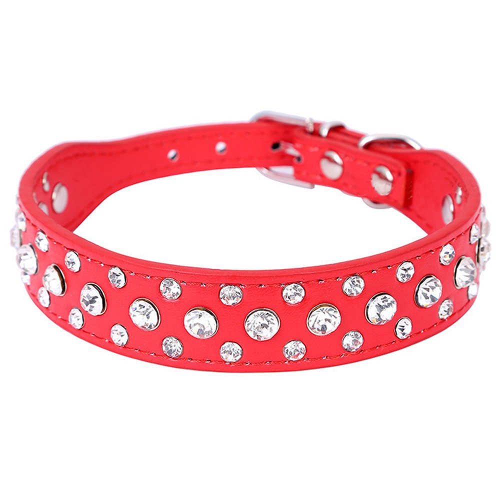 Dogs Kingdom 12-20 Length Personalized Rhinestone Leather Bling Crystal Pet Dog Cat Collars For Small Medium Breeds Red Xs