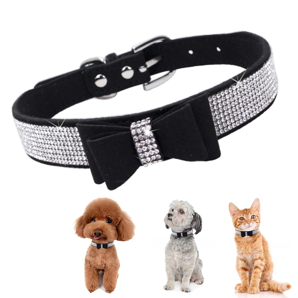 Xsmall Dog Collar With Bowtie Boy,Rhinestone Bling Diamond Sparkly Crystal Jewel Cute Adjustable For Small Medium Large Girl Pup