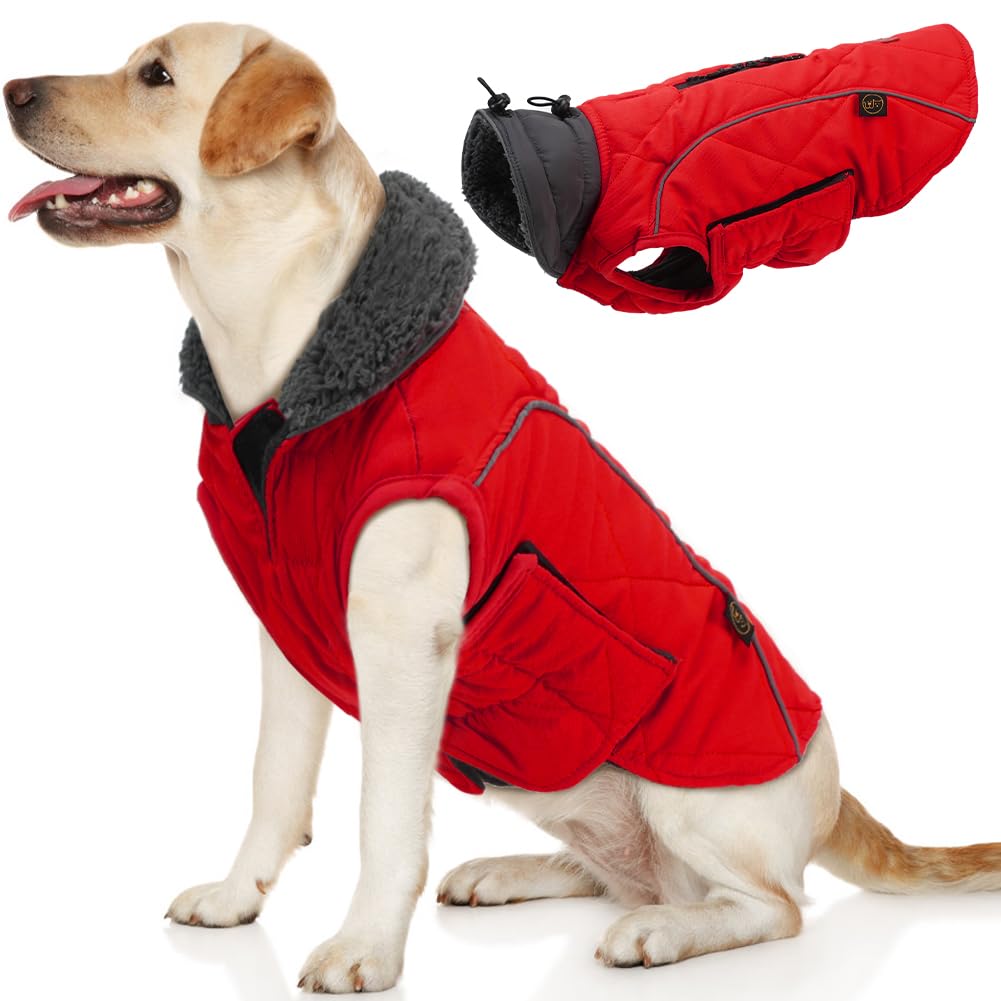 Emust Winter Dog Coat For Medium Boys - Thick Clothes With Harness Hole For Cold Weather, Red, M