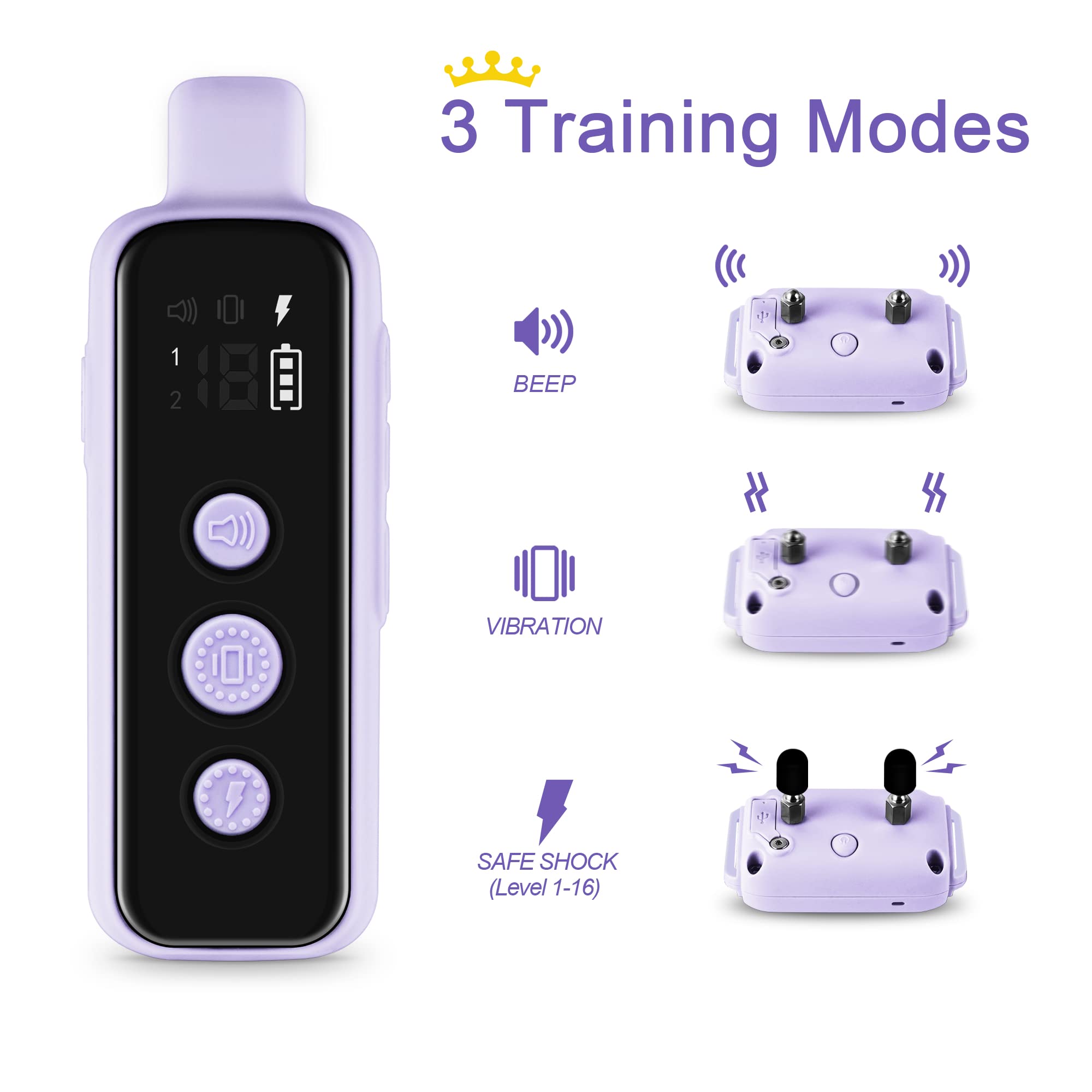 Bousnic Dog Shock Collar For 2 Dogs - (8-120Lbs) Waterproof Rechargeable Electric Dog Training Collar With Remote For Small Medium Large Dogs With Beep Vibration Safe Shock Modes(Purple)