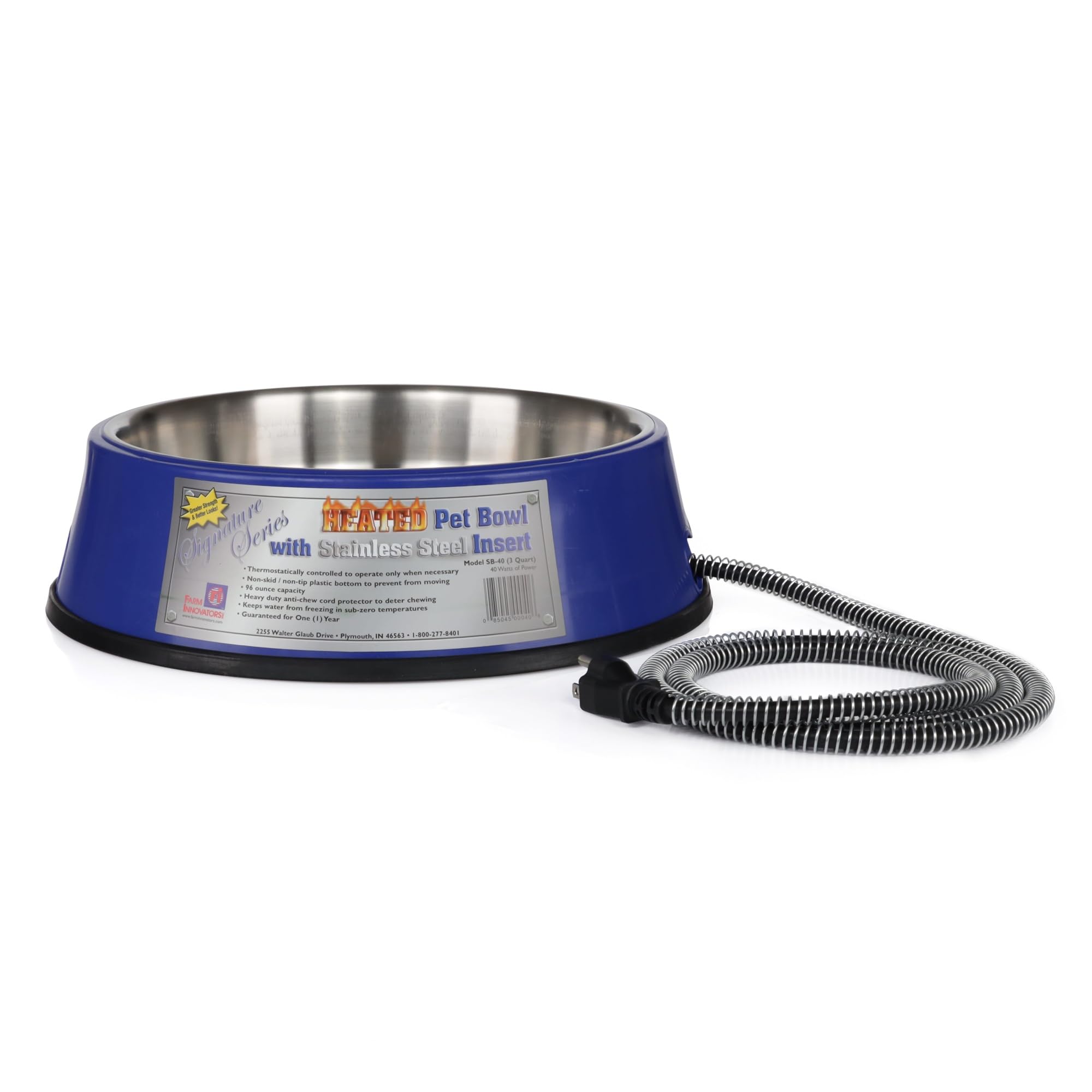 Farm Innovators SB-40 Signature Series 3 Quart Electric Heated Pet Water Bowl with Stainless Steel Insert, Thermostatic Control,