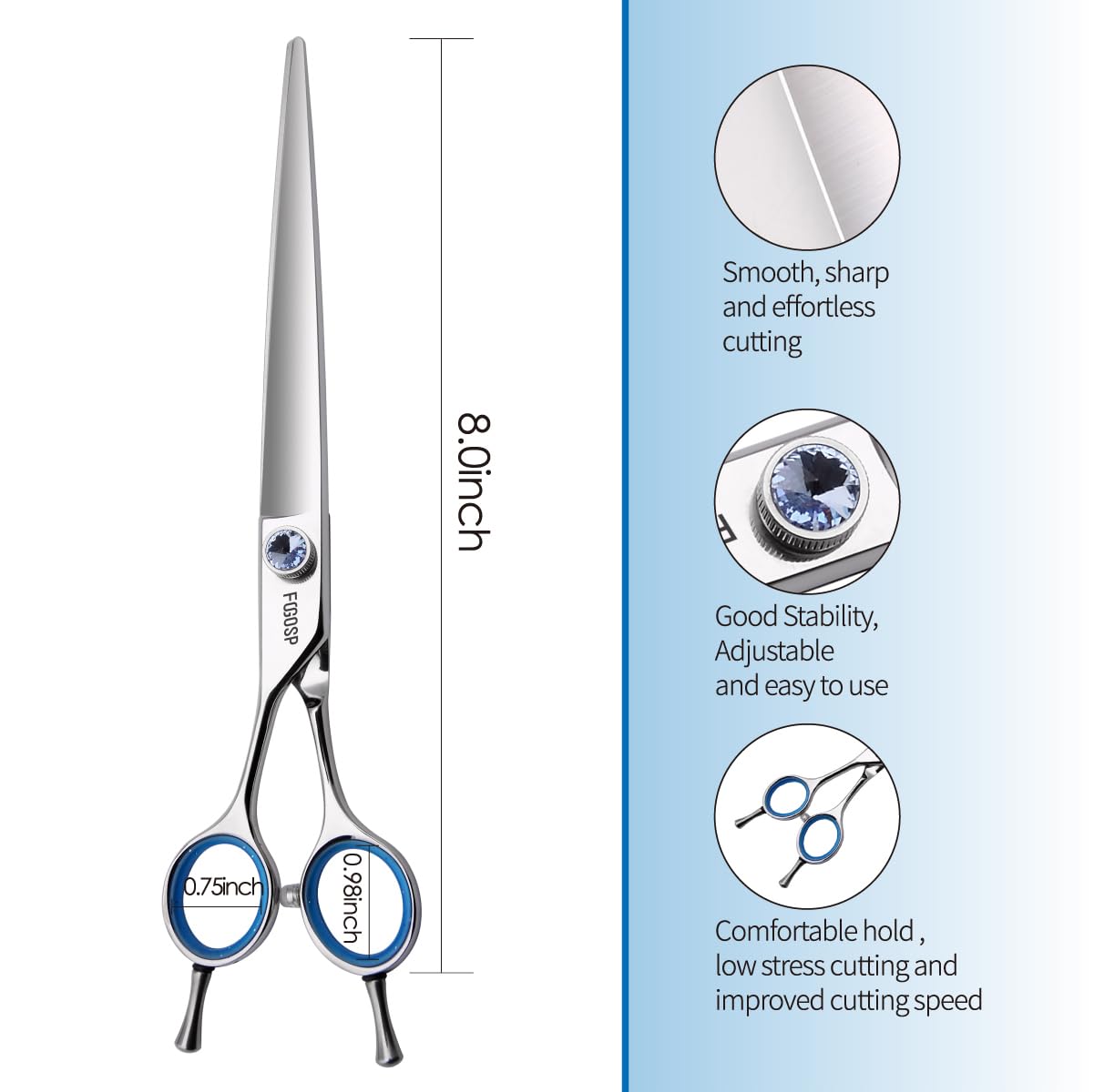 Japanese 440C Stainless Steel Dog Scissors - Super Sharp 8.0'' Straight Left Handed Large Dog Shears For Grooming Poodle