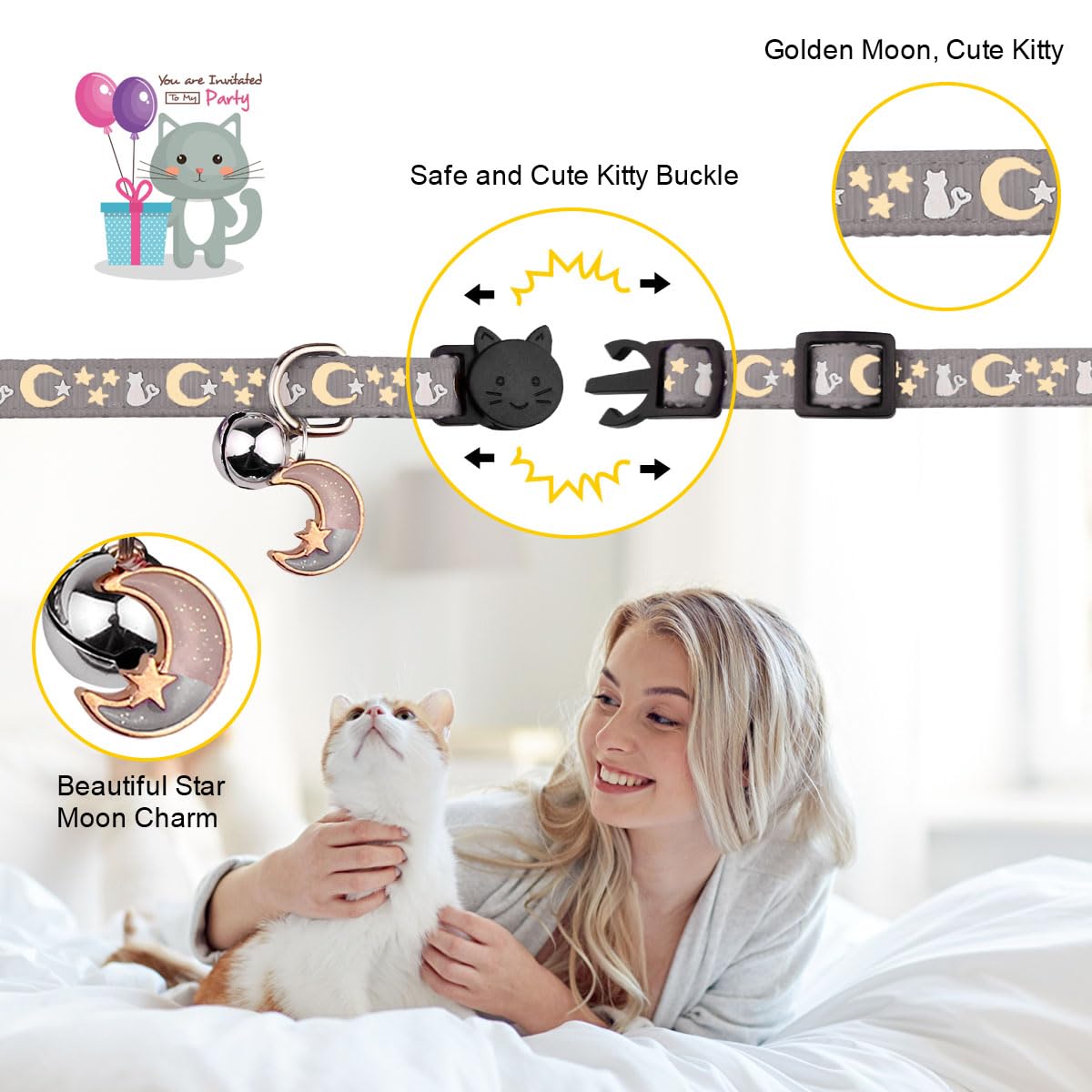 2Pcs Breakaway Cat Collars With Bell Cute Kitty Glow In The Dark Adjustable Kitten Collars 7.9-13.0 Inch(Grey&Black)