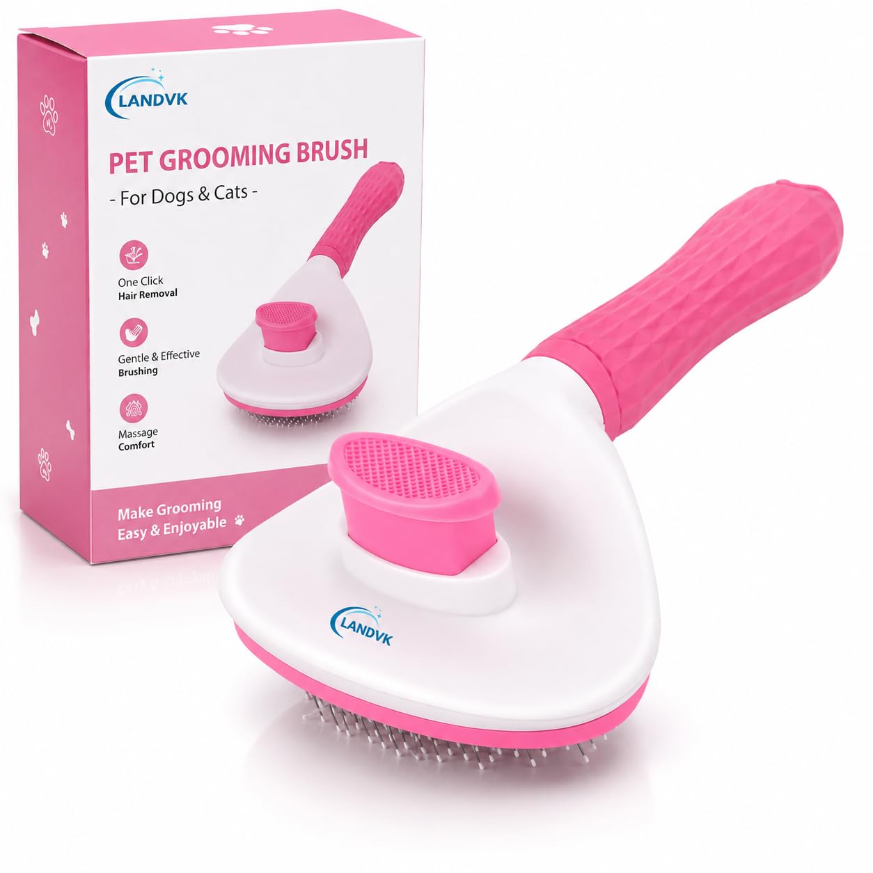 Landvk Self Cleaning Slicker Brush For Dogs & Cats, Pet Grooming Shedding Brush, Easy Push Button Hair Removal, Removes Loose Un