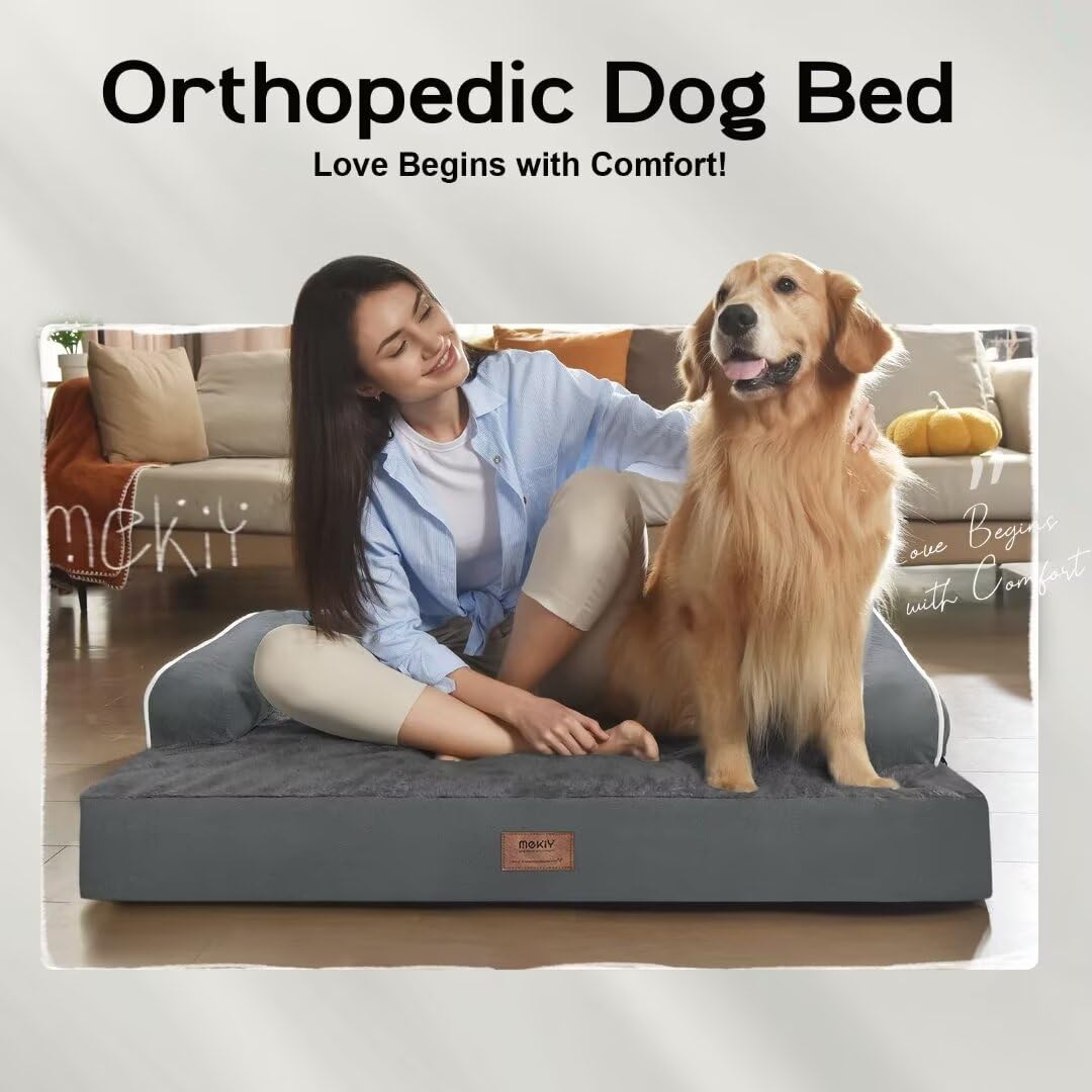 Large Dog Bed Orthopedic Washable - Memory Foam - Xxl Large Big Dogs - Beds Bolster Pet - Couch Sofa - Waterproof With Removable Cover - Dark Grey Dog Bed
