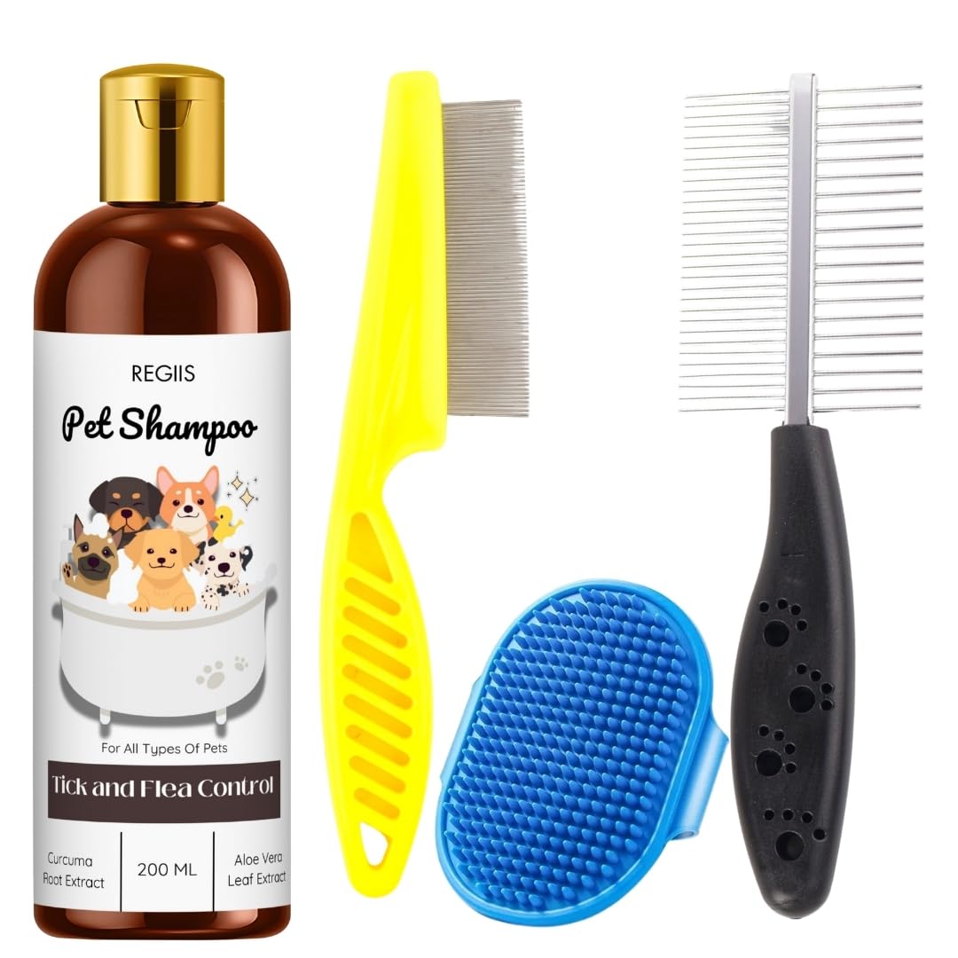 Regiis Pet Grooming Kit With Tick And Flea Control Shampoo, 200Ml, Double Sided Combs, Massage Brush For Dogs, 4 Pieces