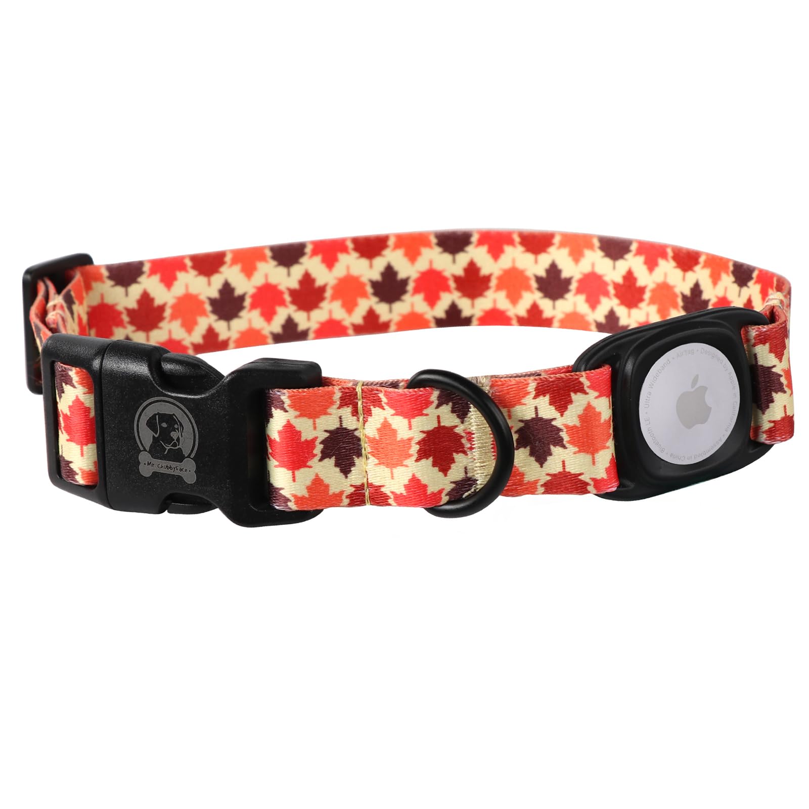 Mr.Chubbyface Fall Dog Collar With Apple Airtag Holder Orange Maple Leaves Dog Collar For Small Medium Large Boy Girl Dogs