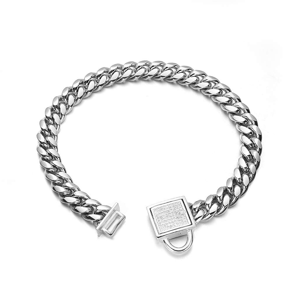 Aiyidi Dog Chain Collar 10Mm Wide Cuban Link Puppy Collar 316L Stainless Steel With Cz Diamond Lock Bling Collar For Medium Dogs