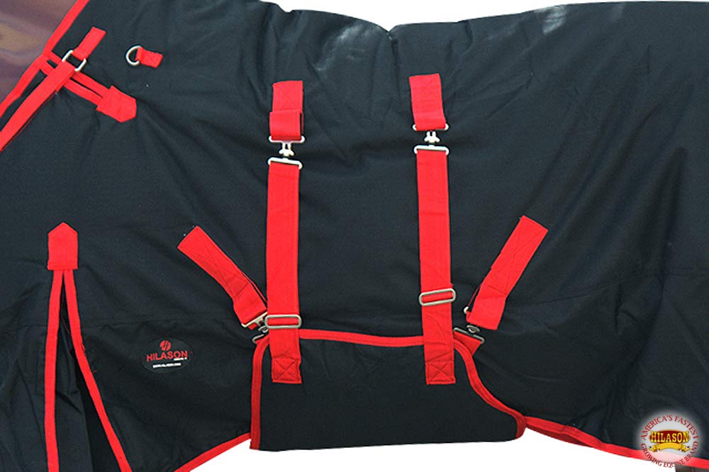 Black with Red Trims 75 Inch HILASON 1200D Winter Waterproof Poly Horse Turnout Blanket Belly Wrap