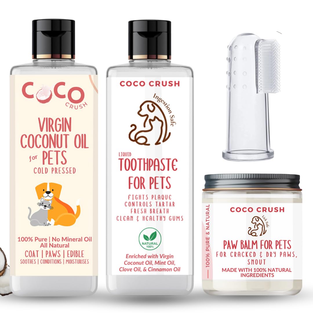 Pet Essentials Combo  100% Natural Liquid Toothpaste, Toothbrush, Virgin Coconut Oil, & Paw Balm | Organic Ingredients, Ingesti