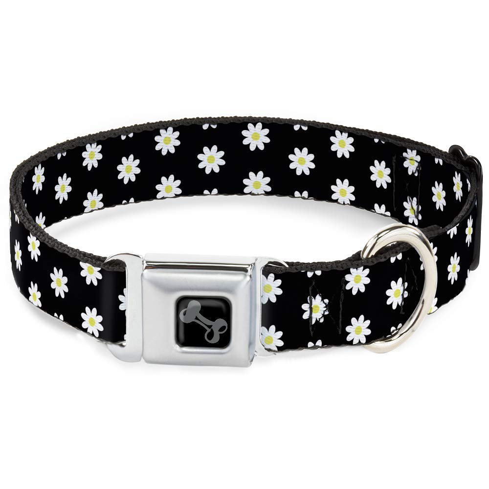 Buckle-Down Dog Collar Seatbelt Buckle Daisies Scattered Black White Yellow 15 To 26 Inches 1.0 Inch Wide (Dc-W33036-L)