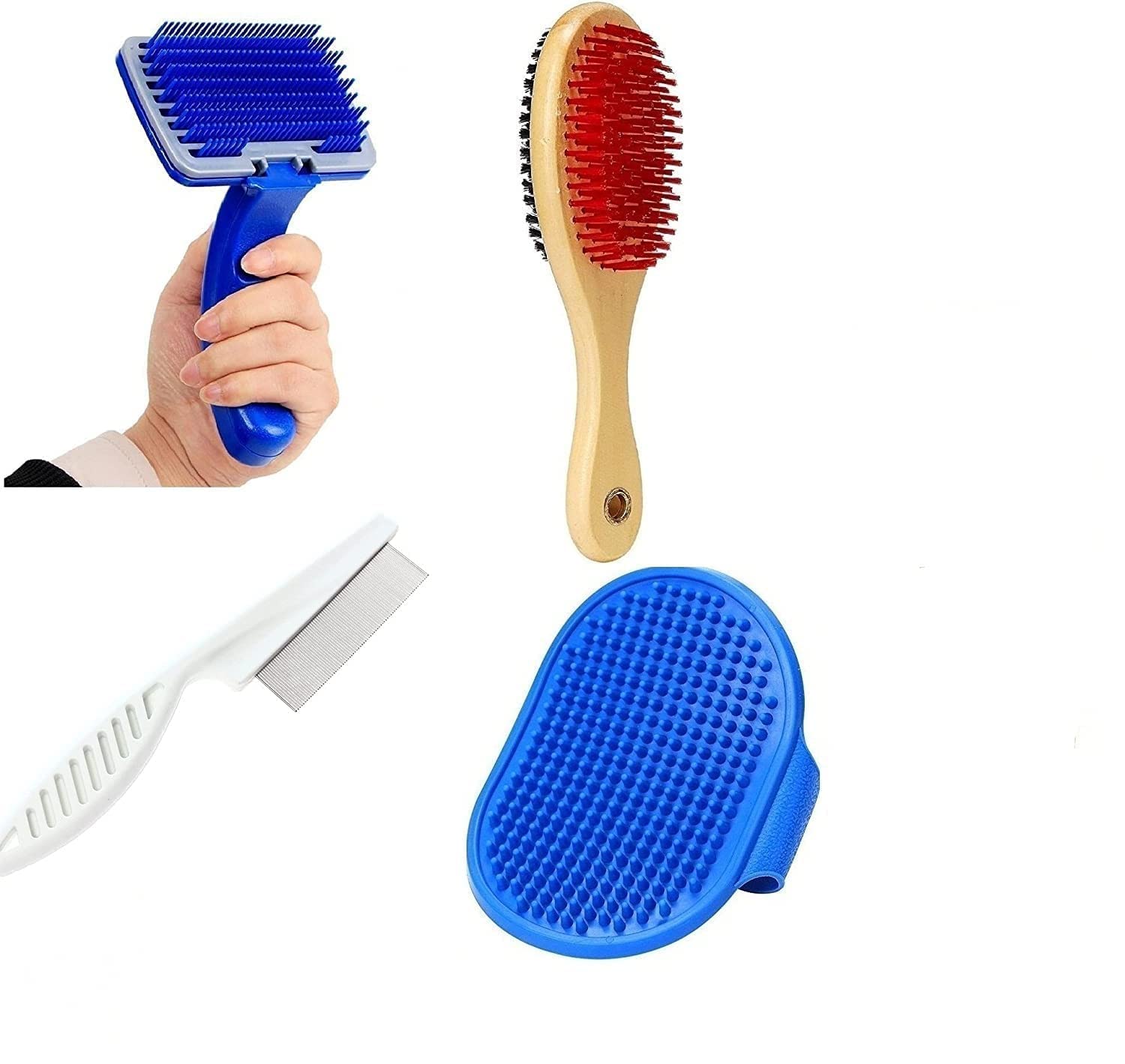 Rvpaws Dog Hair Flea Comb + Slicker + Wooden Brush + Bath Gloves Combo Pack Of 4 Grooming Kit For All Pets Dog, Cat, Rabbit, Pup