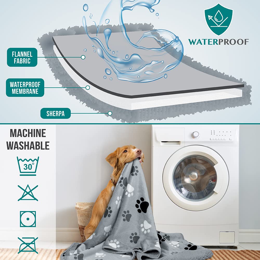 PetAmi Waterproof Dog Blanket, Small 24x32, Paw Gray Sherpa Fleece, Reversible Soft Plush Microfiber Furniture Protector
