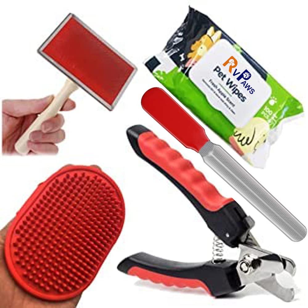 RvPaws Grooming Combo for Dogs  Pet Wipes + Pet Bath Brush Grooming Comb with Adjustable Ring + Grooming Wood Handle Slicker Br