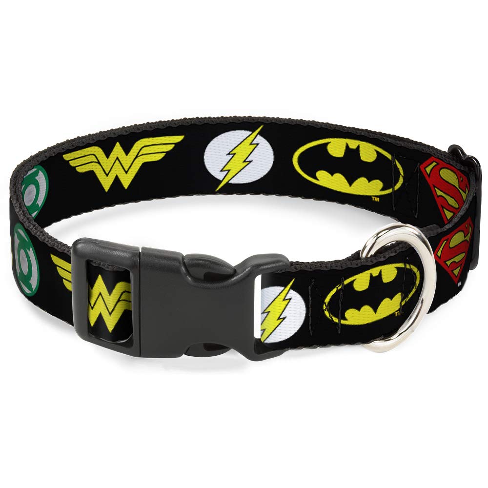 Dog Collar Plastic Clip Justice League 6 Superhero Logos Black 13 to 18 Inches 1.5 Inch Wide