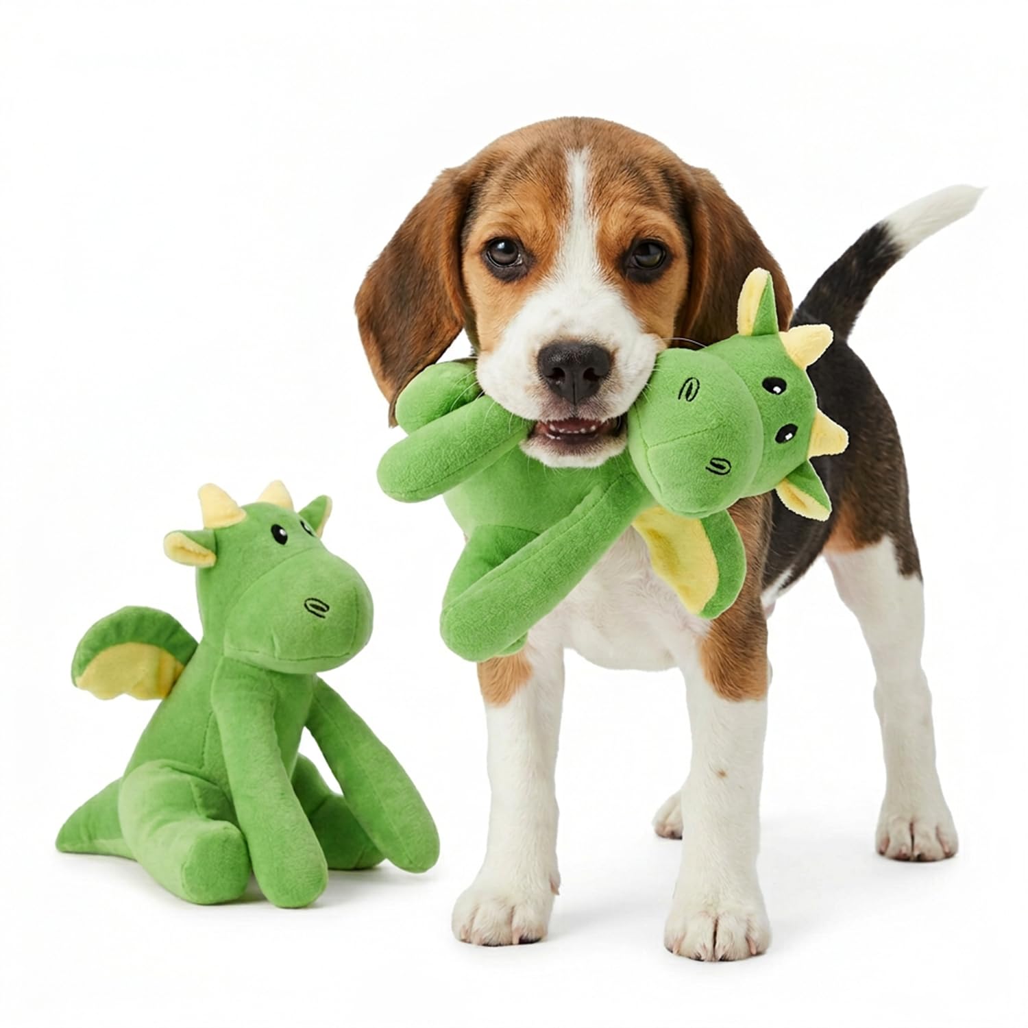 Amazon Basics Green Bubble Dragon Squeaky Plush Dog Toy | Crinkle & Squeak Sound | Soft Cotton Stuffed | For Teething & Training