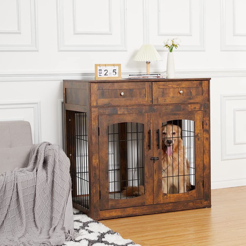 Rustic Brown Dog Crate Furniture Table with 2 Drawers & 3 Doors - Indoor Dog Kennel & House - Side End Table - 39.4 L