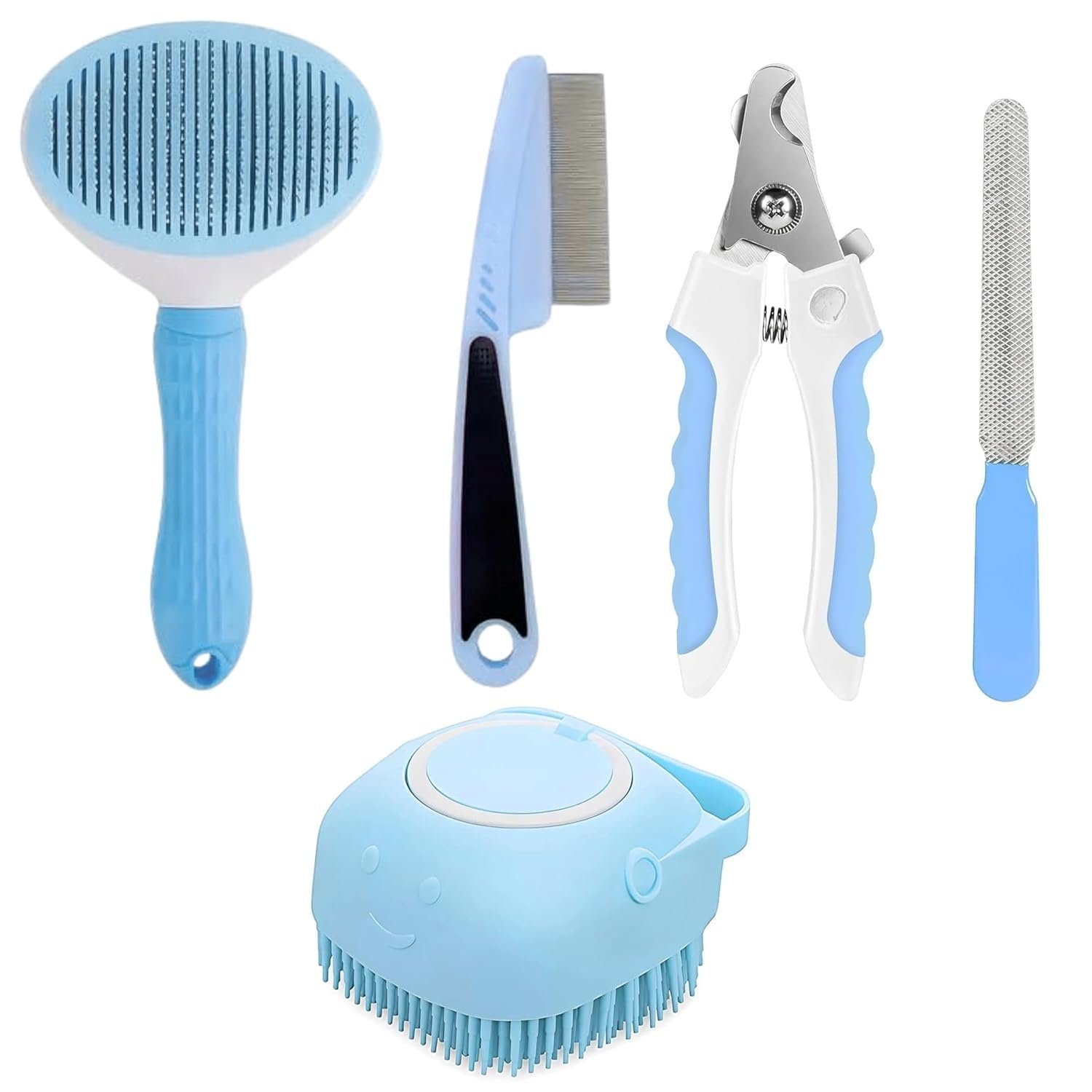 Pet Fun 5In1 Pet Grooming Kit For Dogs & Cats  Oval Slicker Brush, Flea Comb, Silicone Bath Brush, Nail Clipper & Filer | Sel
