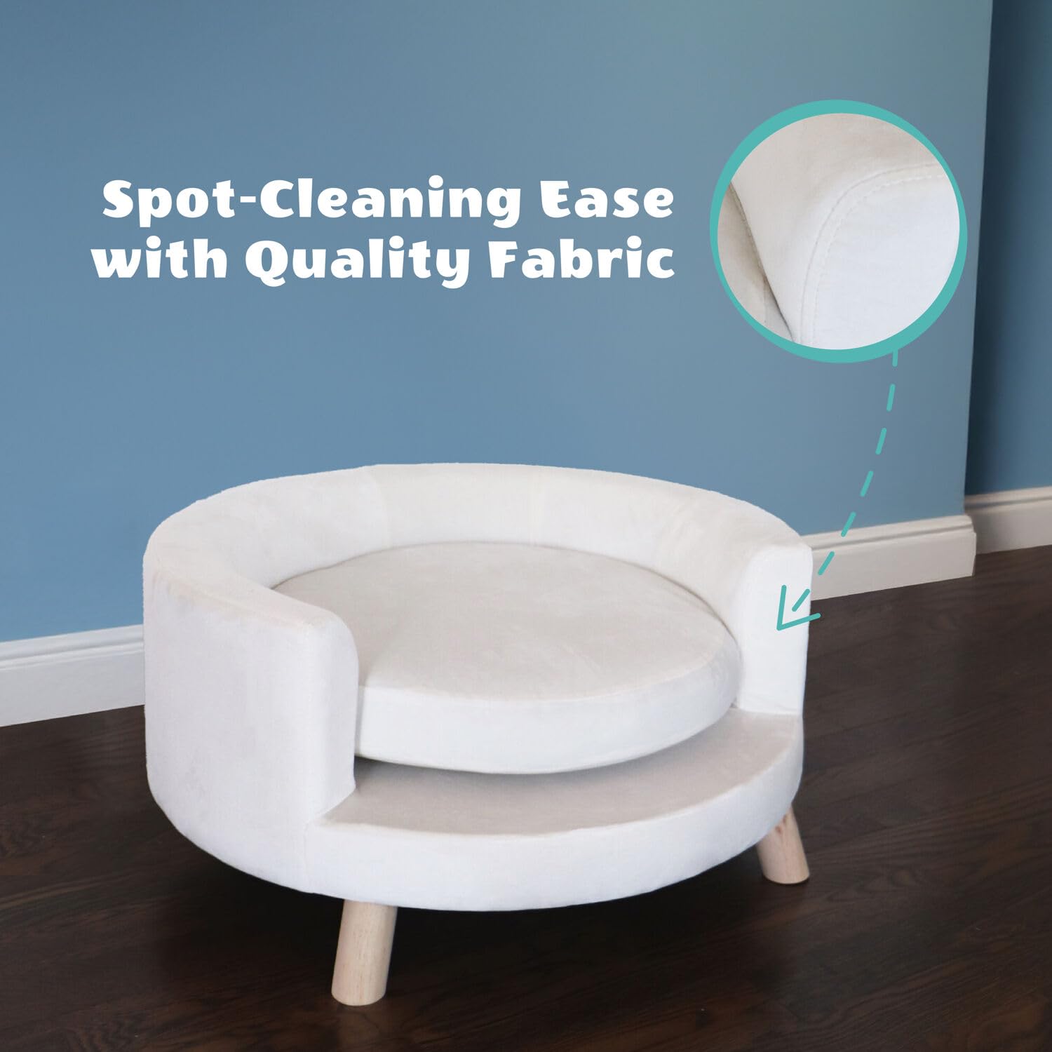 Critter Sitters 28-In. Elegant Circular Dog & Cat Sofa, Modern Elevated Pet Bed in Faux-Velvet White, Comfortable for Small to M