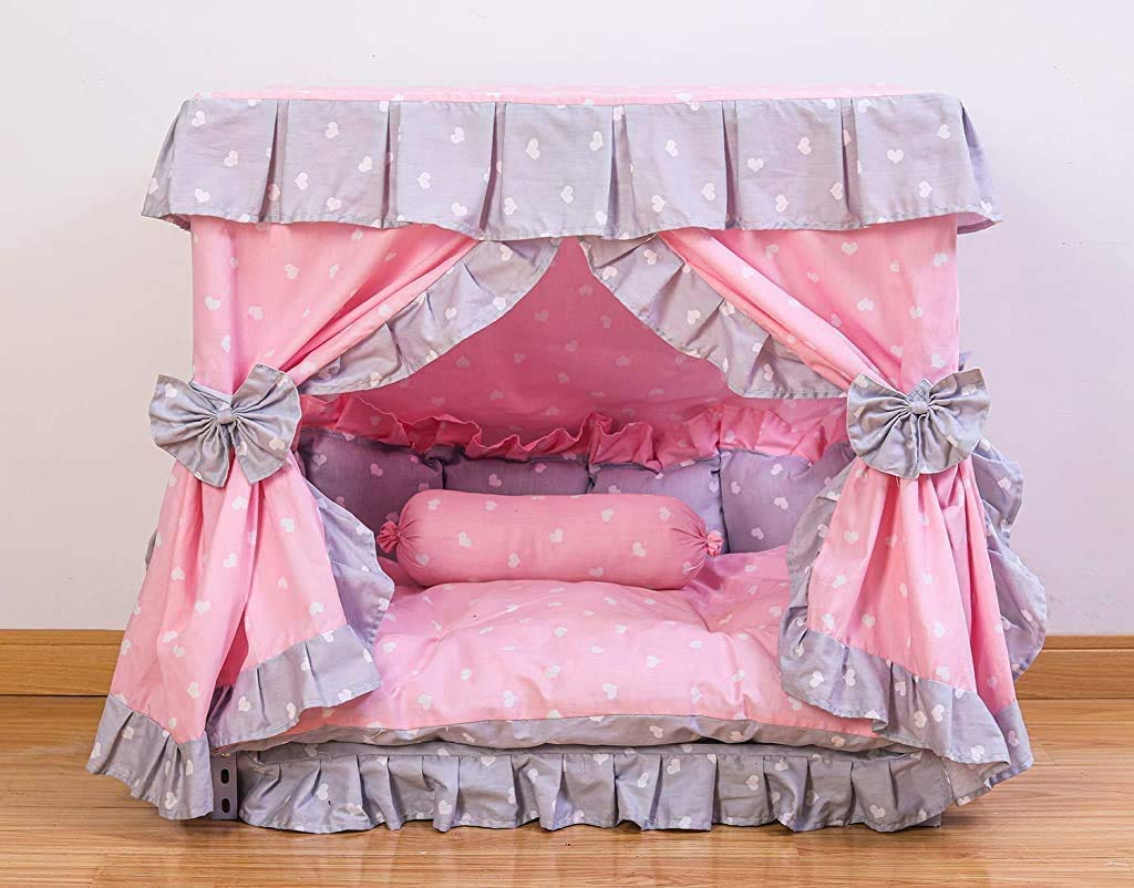 Kolachic Princess Pink Grey White Heart Pet Dog Handmade Bed House+1 Candy Pillow (L)