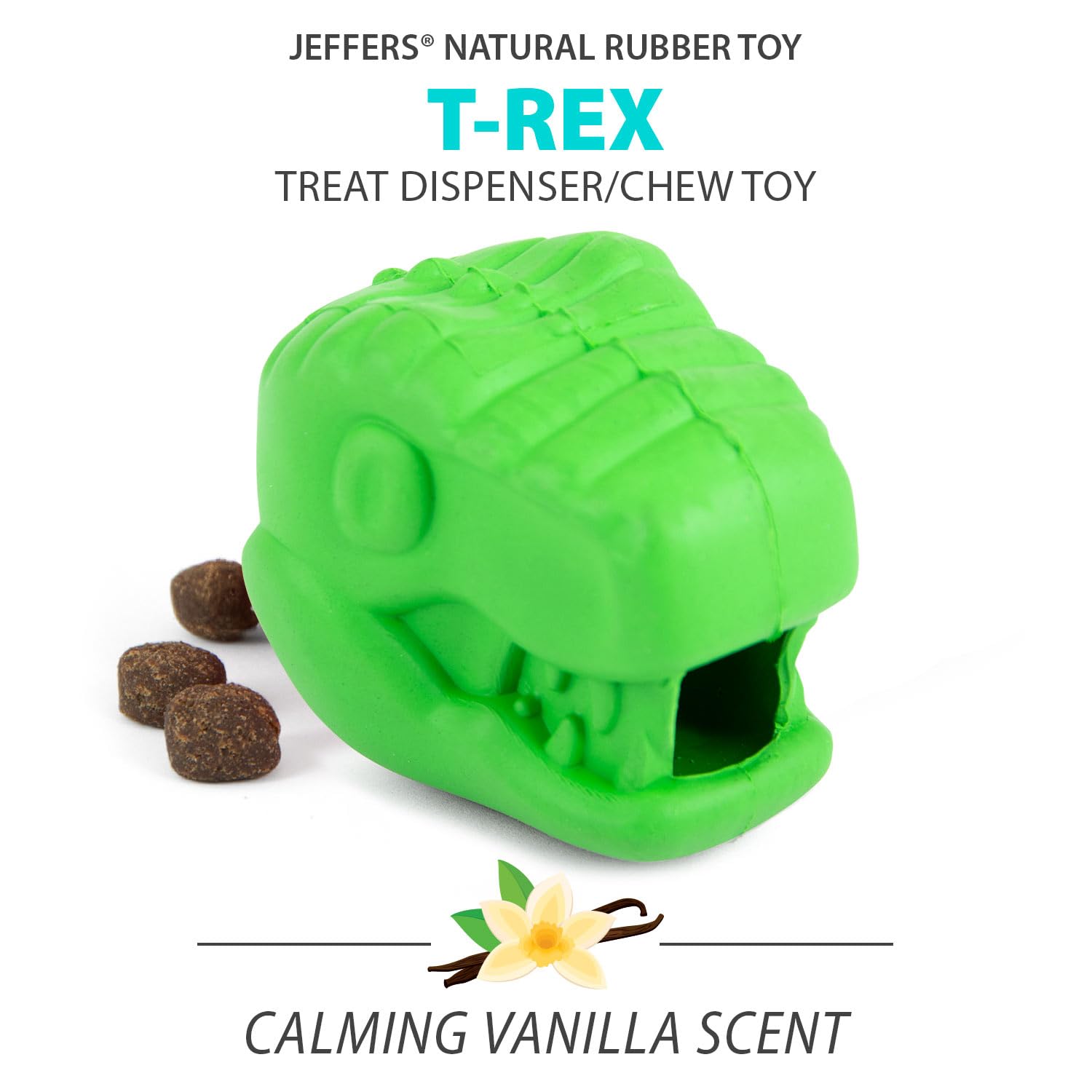 Jeffers Pet Natural Rubber Dog Chew Toy - T-rex Shape, Medium - Treat Dispensing, Vanilla Scent, Durable, Non-Toxic, Dishwasher