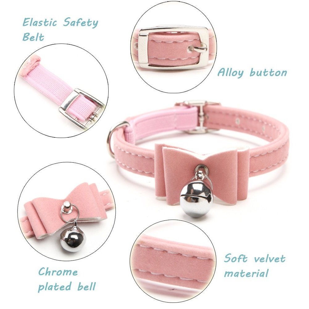 Stock Show 2Pcs Small Pet Velvet Bowknot Collar With Bell Adjustable Pu Leather Cute Necklace Bow Tie For Cat Kitten Kitty Dog Puppy, Pink&Red