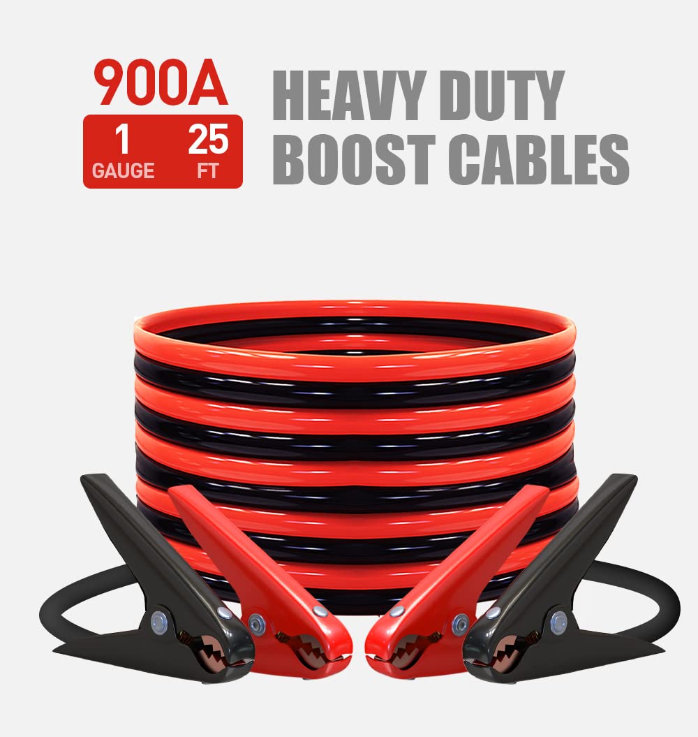 AUTOgEN Heavy Duty Jumper cables, Booster cables 1 gauge 25Feet 900AMP Automotive Jumper cables Kit for car, SUV, and Trucks wit
