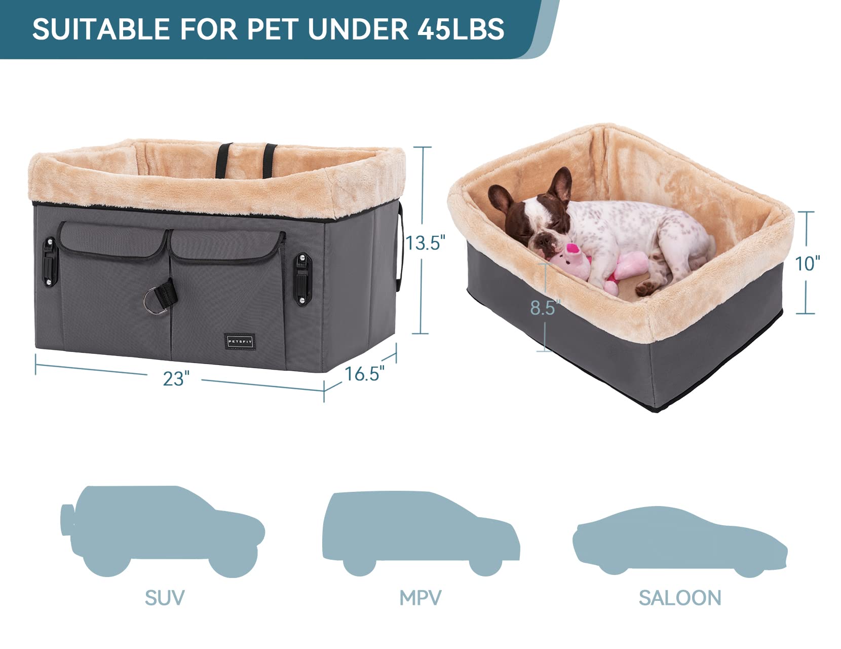 Petsfit Dog Car Seat For Medium Dogs Or 2 Small Dogs, Upgraded Dog Booster Seat For Front And Back Seats With 2 Safety Leashes (