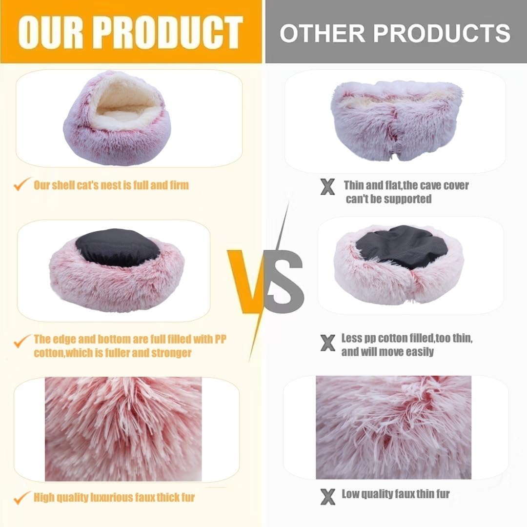 Zanesun Calming Dog Bed & Cat Cave With Hooded Cover, Plush Fluffy Anti-Anxiety Cat Bed, Waterproof Bottom Washable (Pink, 25.6X
