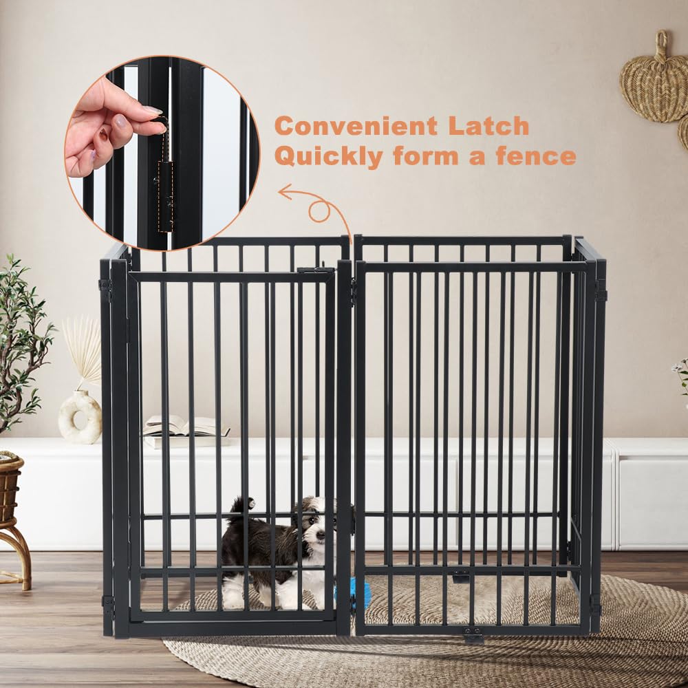 SMONTER Free Standing Dog Gate - 120'' Extra Wide Metal Puppy Fence, 31.5'' Height, 6 Panels, Black, Model GWL006