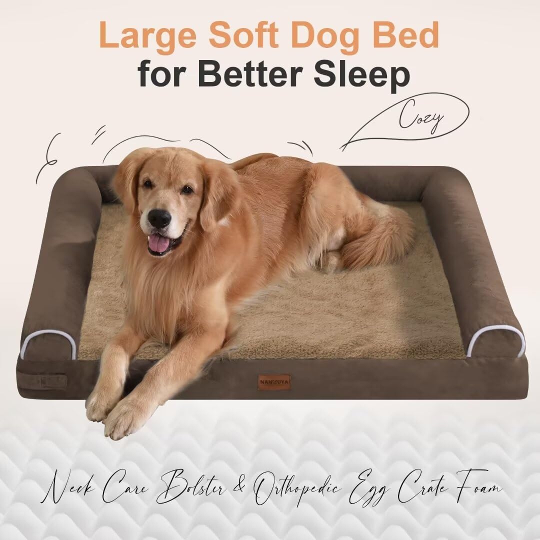 NANUYA Large Orthopedic Dog Bed, Memory Foam, Waterproof, Washable, Brown, 44"L x 34"W x 6.5"Th, Removable Cover for Big Dogs