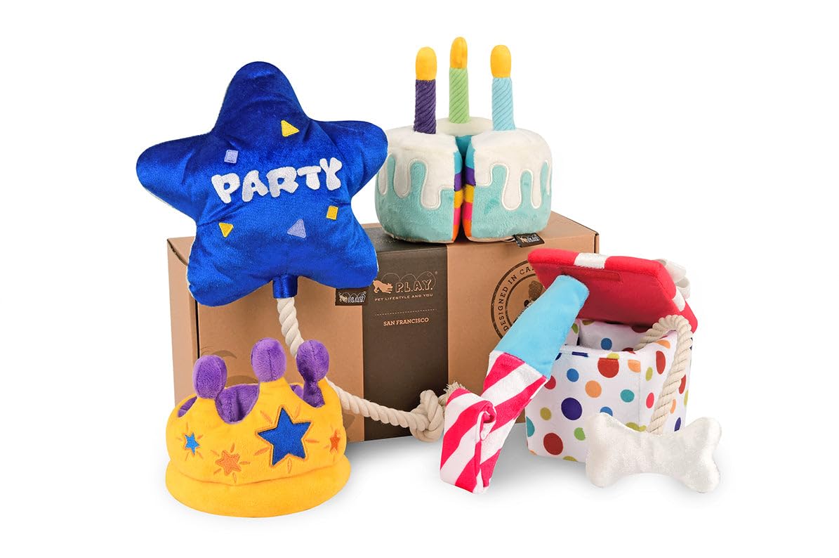 P.L.A.Y. Cute Plush Dog Toys - Birthday Party Celebration Themed Durable Squeaker Chew Toys, For Puppies & Small, Medium, Large 