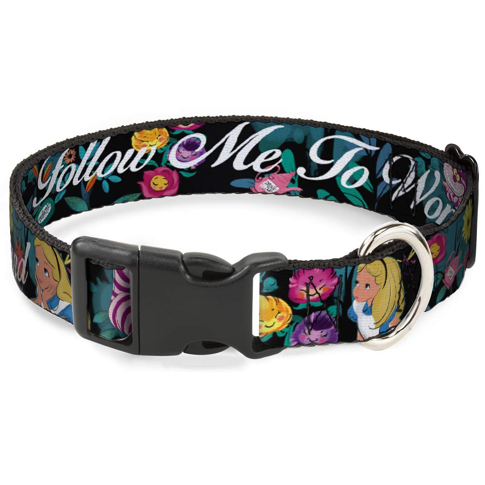 Buckle-Down Alice/Cheshire Cat/Flowers Poses2/Follow Me To Wonderland Plastic Clip Collar, Small/9-15''