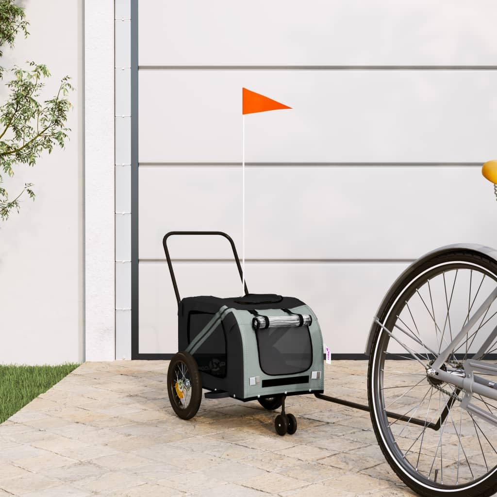 vidaXL Pet Bike Trailer - Gray/Black - Oxford Fabric/Iron - 48" x 20.5" x 20.9" Cabin - Small Pets/Dogs - Smooth Ride Reflectors & Flag