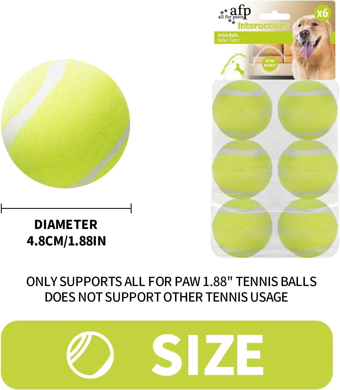 ALL FOR PAWS Tennis Balls for Dogs, 2-inch, 6 Pack, Durable & Bouncy Fetch Toys, Green, for Small Medium Dogs, Ball Launcher Compatible