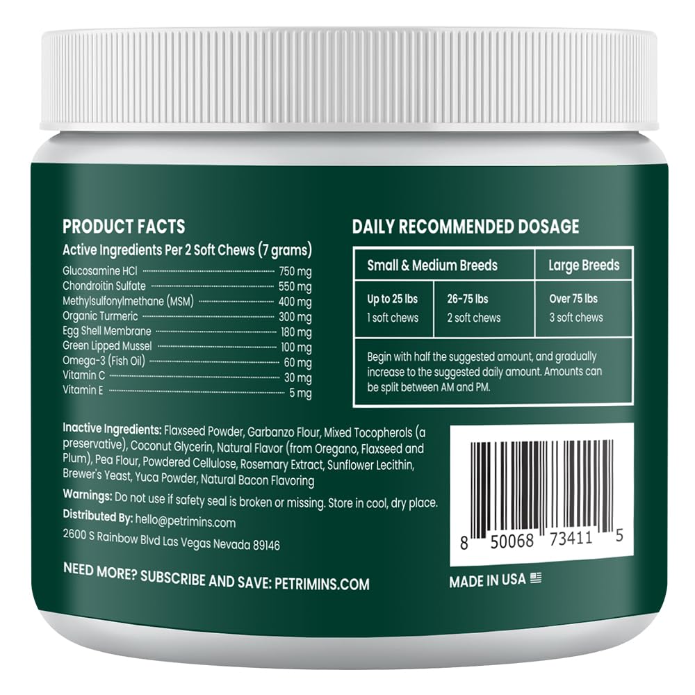 PetriMins Advanced Hip & Joint Supplement for Dogs with Glucosamine and Chondroitin, for Dogs Glucosamine, Organic Turmeric, Egg