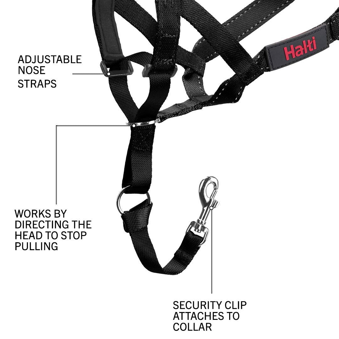 HALTI Headcollar Size 5, Black & HALTI Training Leash Size Large, Black Combination Pack - Stop Your Dog Pulling on the Leash. A