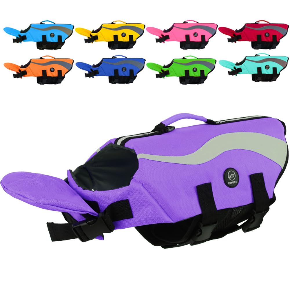 Emust Dog Life Vests - Adjustable Dog Life Jackets With Front Float, High Visibility Safety Swimsuit For Medium Dogs, Purple