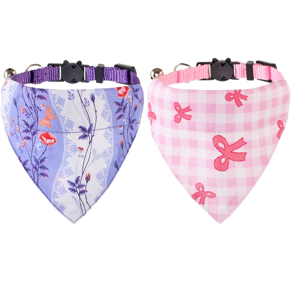 Kzhareen Cat Collars Breakaway With Bandana Bell Plaid Flower Pet Kitten Adjustable For Small Dog Puppies Girl Boy