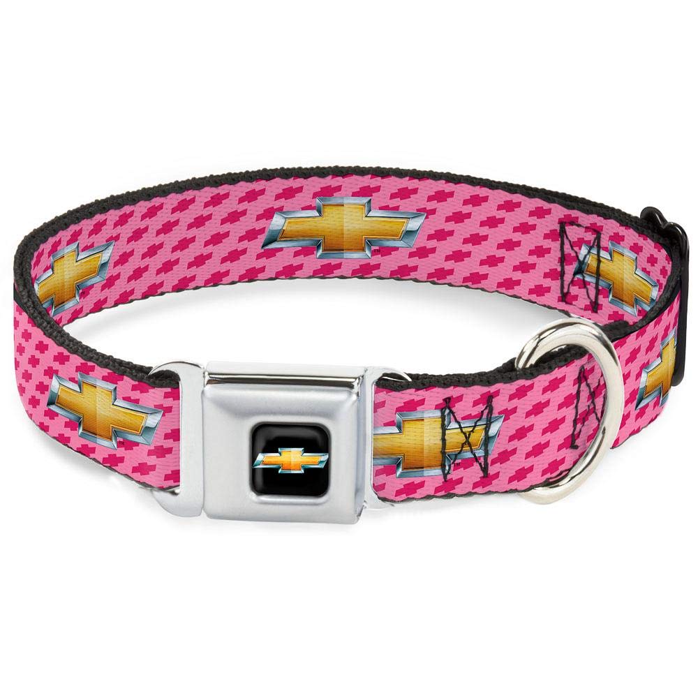 Buckle-Down Seatbelt Buckle Dog Collar - Chevy Gold Bowtie W/Logo Pink - 1' Wide - Fits 15-26' Neck - Large